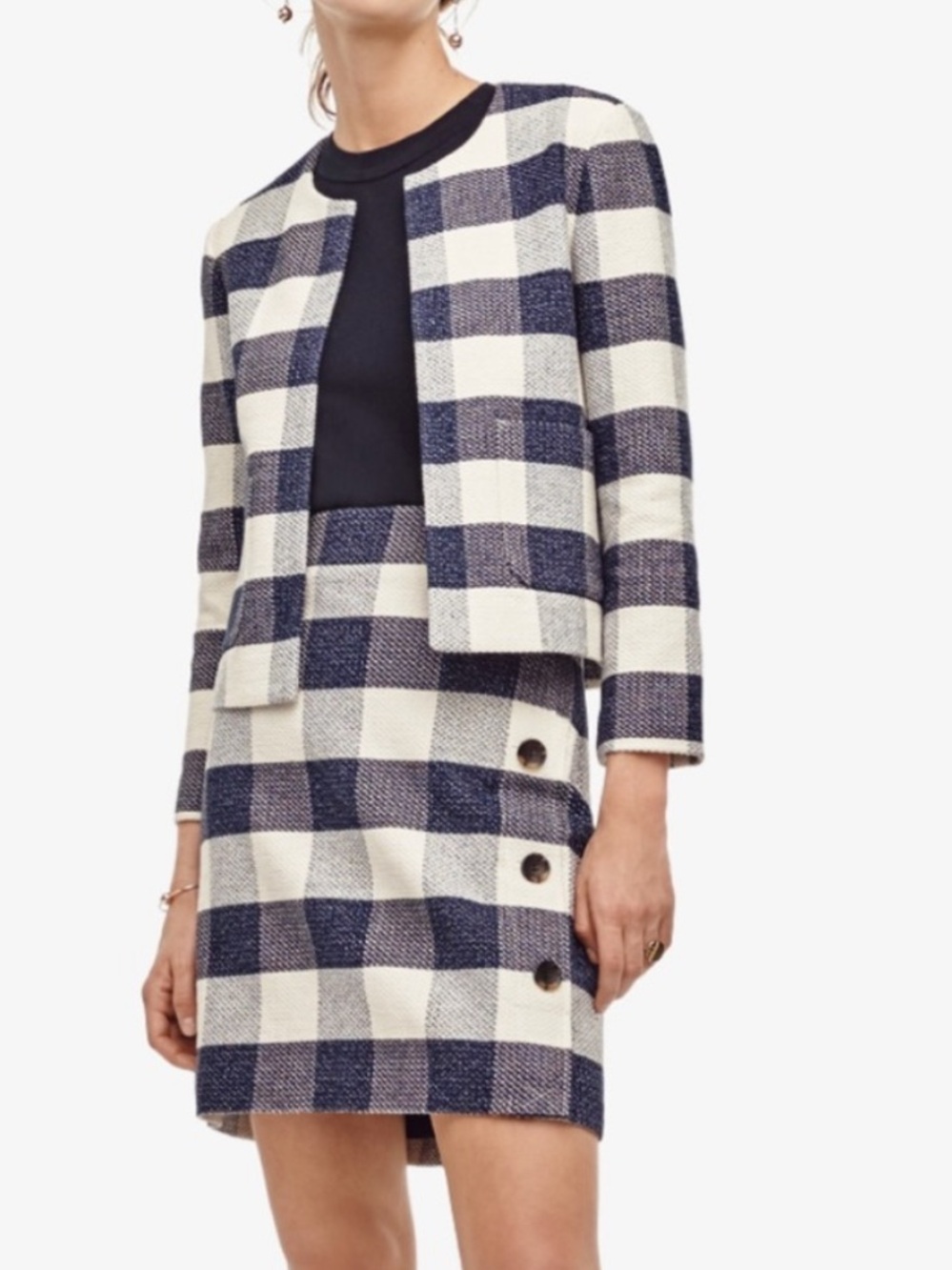 Ann Taylor Navy and White Check Collarless Blazer and skirt size 2